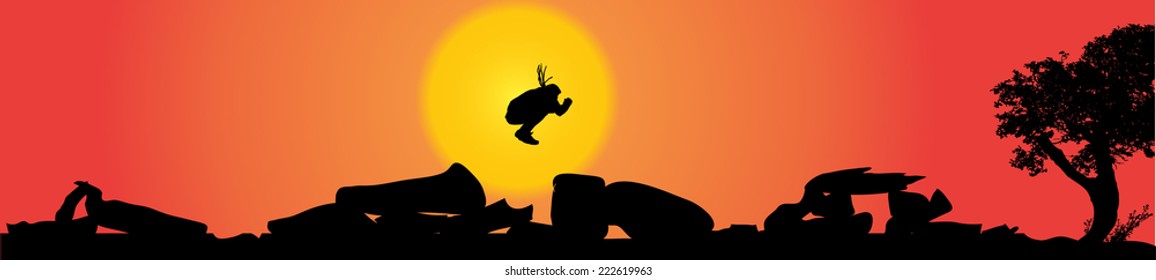 Vector silhouette of a man in nature at sunset.