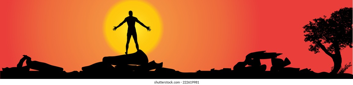 Vector silhouette of a man in nature at sunset.