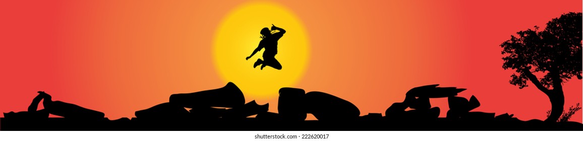 Vector silhouette of a man in nature at sunset.
