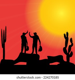 Vector silhouette of a man in nature at sunset.