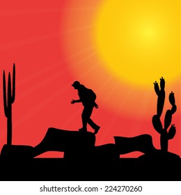 Vector silhouette of a man in nature at sunset.