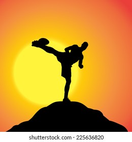 Vector silhouette of a man in nature at sunset.