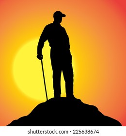 Vector silhouette of a man in nature at sunset.