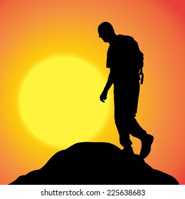 Vector silhouette of a man in nature at sunset.