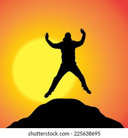 Vector silhouette of a man in nature at sunset.