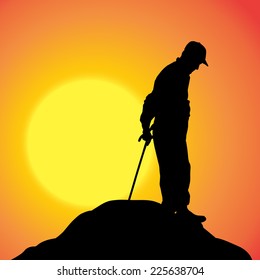 Vector silhouette of a man in nature at sunset.