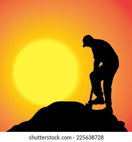 Vector silhouette of a man in nature at sunset.