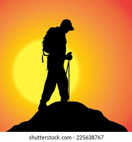 Vector silhouette of a man in nature at sunset.