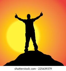 Vector silhouette of a man in nature at sunset.