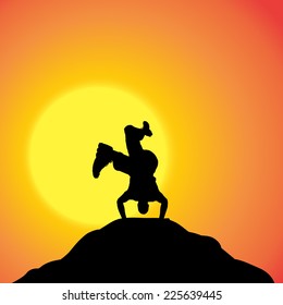 Vector silhouette of a man in nature at sunset.