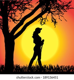 Vector silhouette of man with Nordic walking.