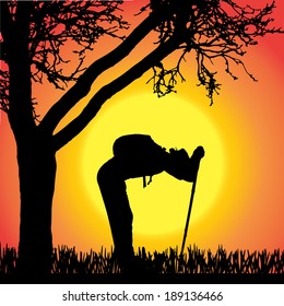 Vector silhouette of man with Nordic walking.