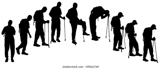 Vector silhouette of man with Nordic walking.