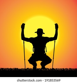 Vector silhouette of man with Nordic walking.