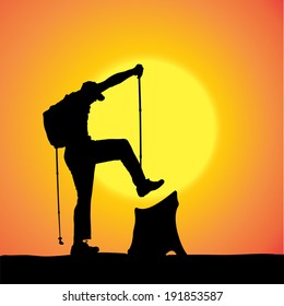 Vector silhouette of man with Nordic walking.