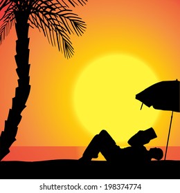Vector silhouette of man on beach at sunset. 