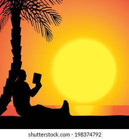 Vector silhouette of man on beach at sunset. 