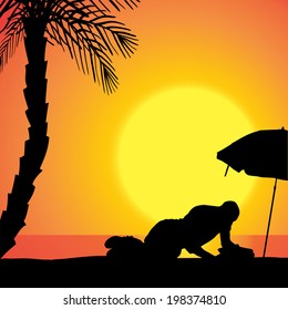 Vector silhouette of man on beach at sunset. 