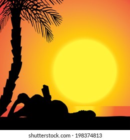 Vector silhouette of man on beach at sunset. 