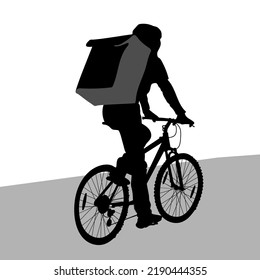 Vector silhouette of a man on a bicycle with a thermal bag behind his back, Yandex food delivery courier