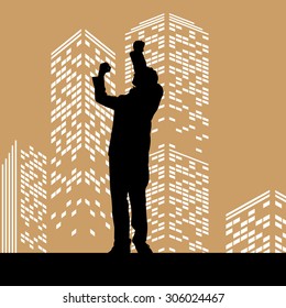 Vector silhouette man on color skyscraper background