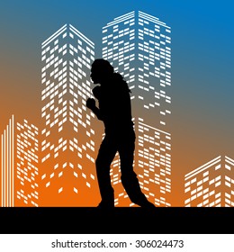 Vector silhouette man on color skyscraper background