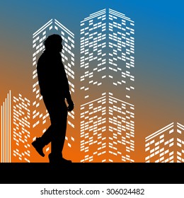 Vector silhouette man on color skyscraper background