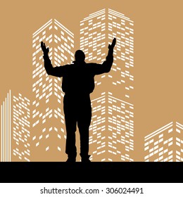 Vector silhouette man on color skyscraper background