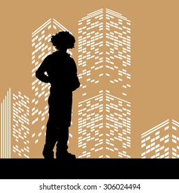 Vector silhouette man on color skyscraper background