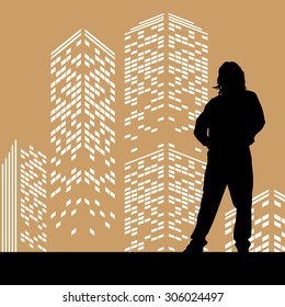 Vector silhouette man on color skyscraper background