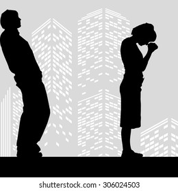 Vector silhouette man on color skyscraper background