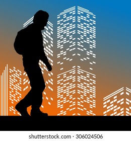Vector silhouette man on color skyscraper background