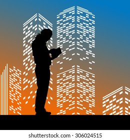 Vector silhouette man on color skyscraper background