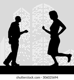 Vector silhouette man on color skyscraper background