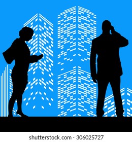 Vector silhouette man on color skyscraper background