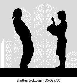Vector silhouette man on color skyscraper background