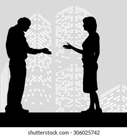 Vector silhouette man on color skyscraper background