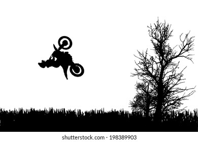 Vector silhouette of a man on a motorcycle as he rides in the countryside.