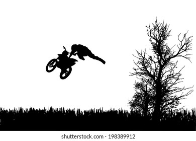 Vector silhouette of a man on a motorcycle as he rides in the countryside.