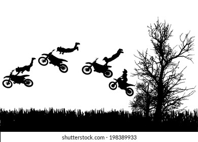 Vector silhouette of a man on a motorcycle as he rides in the countryside.