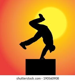 Vector silhouette of man on a orange background.