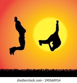 Vector silhouette of man on a orange background.