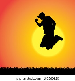 Vector silhouette of man on a orange background.