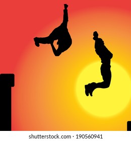 Vector silhouette of man on a orange background.