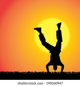 Vector silhouette of man on a orange background.