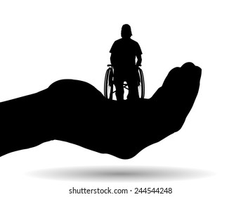 Vector silhouette of a man on palm on white background.
