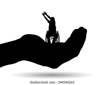 Vector silhouette of a man on palm on white background.
