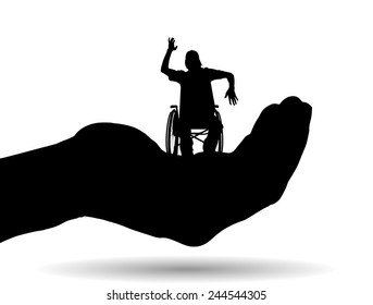 Vector silhouette of a man on palm on white background.