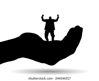 Vector silhouette of a man on palm on white background.