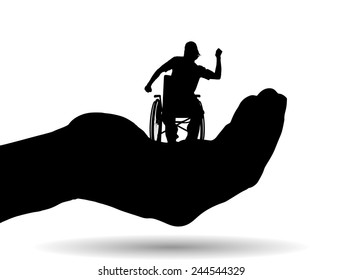 Vector silhouette of a man on palm on white background.